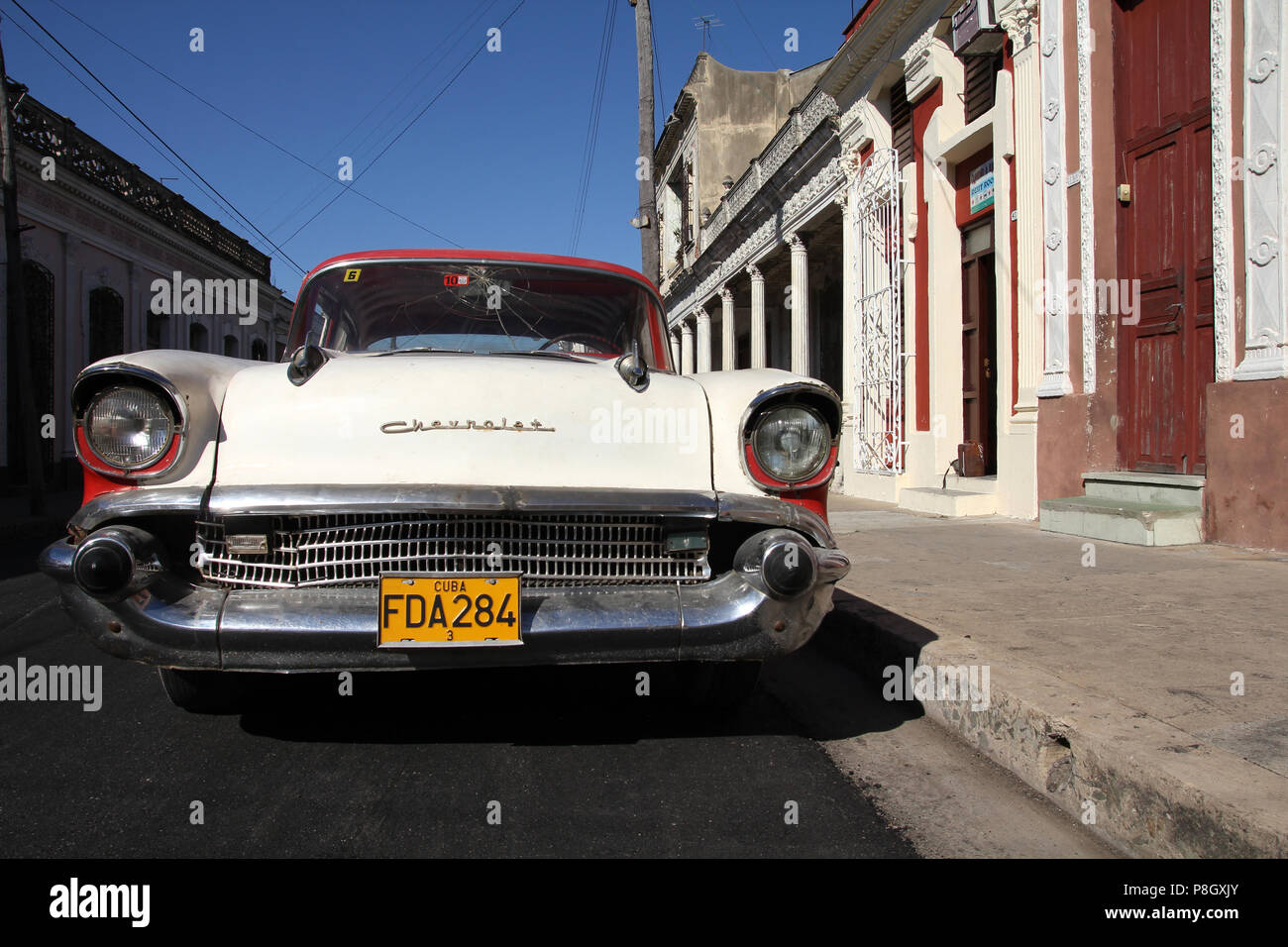 CIENFUEGOS, CUBA - FEBRUARY 3: Classic American Chevrolet car parked in the street on February 3, 2011 in Cienfuegos, Cuba. The multitude of oldtimer  Stock Photo