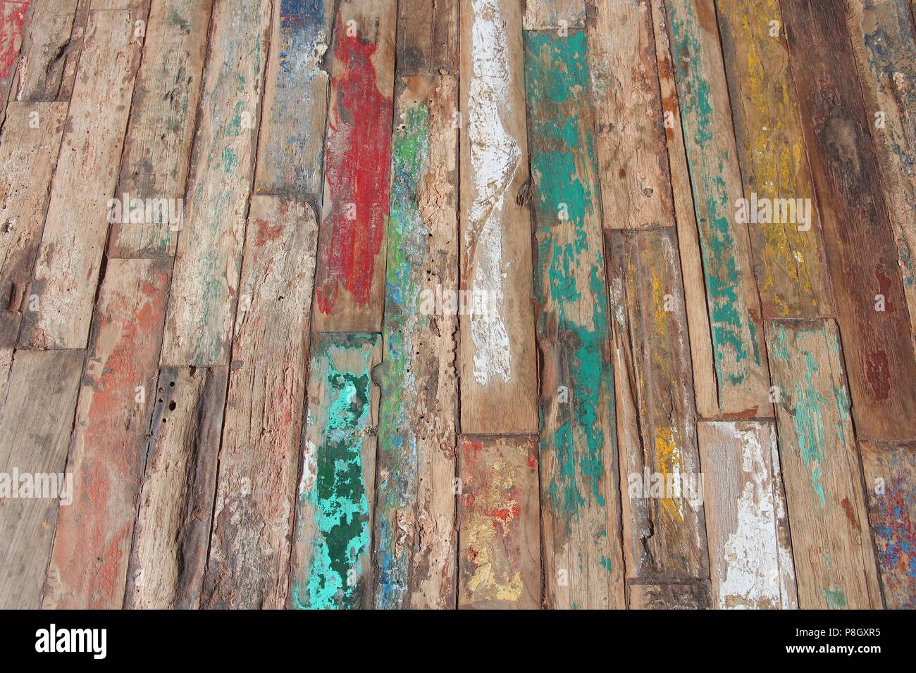 White wood texture for background. Grunge background. Peeling paint on an  old wooden floor. Stock Photo