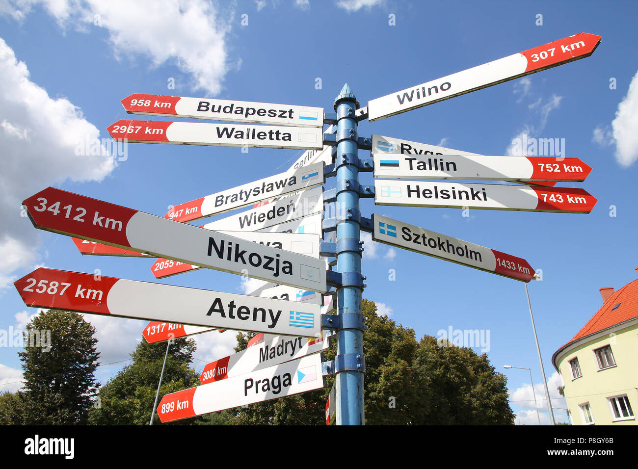 International direction signs to capital cities in Europe. The city names are in Polish. Stock Photo