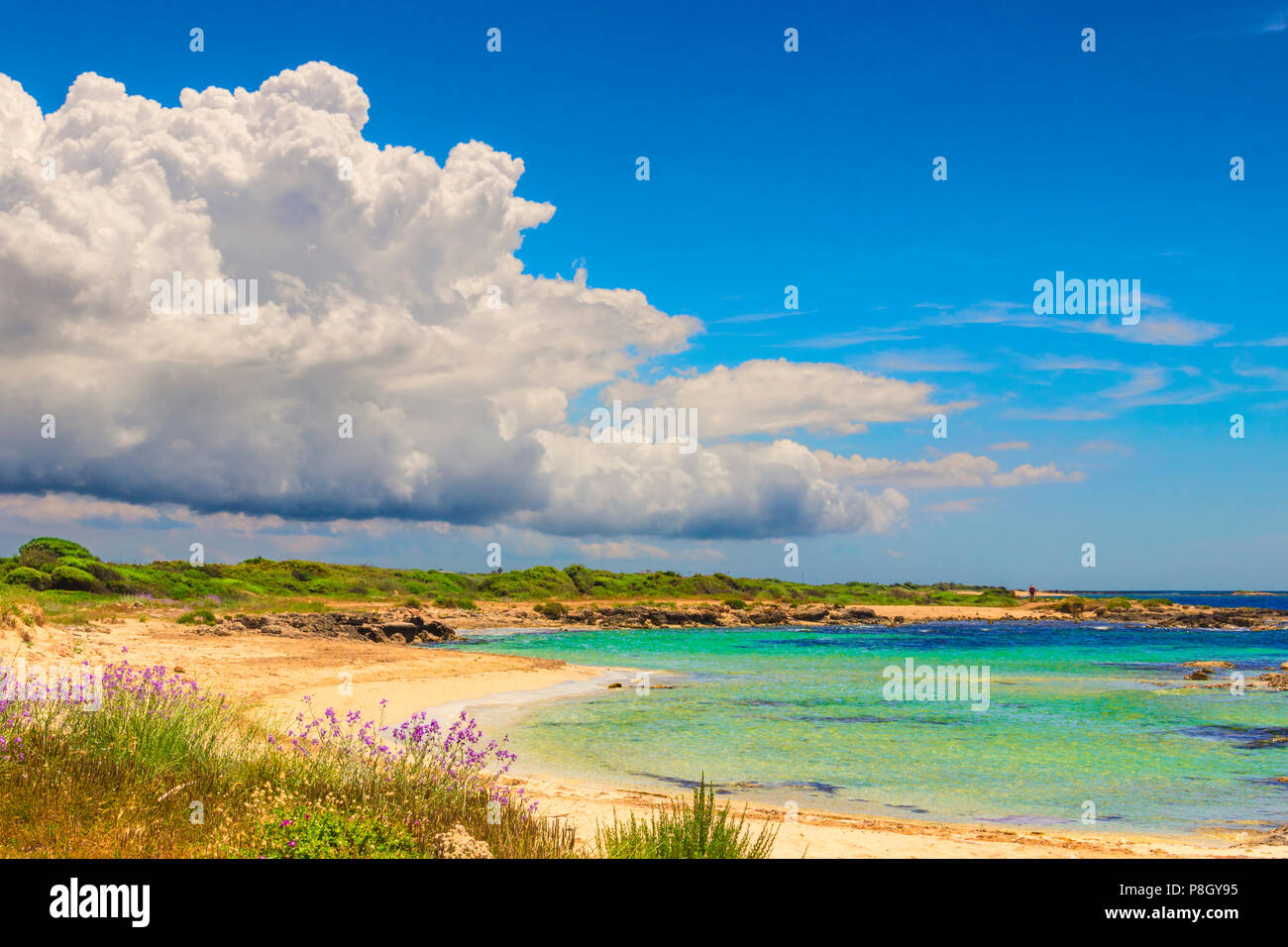Salento coast: Lido Marini beach (Lecce). ITALY,(Apulia).Marine dunes dominated by clouds: sandy beach crowned by mediterranean scrub. Stock Photo