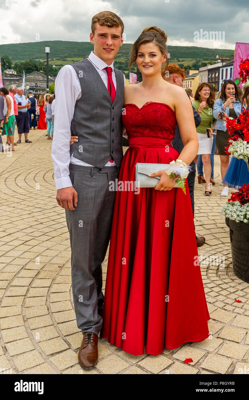 Bantry, Ireland. 11th July, 2018. Coláiste Pobail Bheanntraí students John O'Sullivan, Bantry and Shauna O'Sullivan, Mealagh Valley, are pictured before travelling to the Rochestown Park Hotel in Cork city for their Debs ball. Credit: Andy Gibson/Alamy Live News. Stock Photo