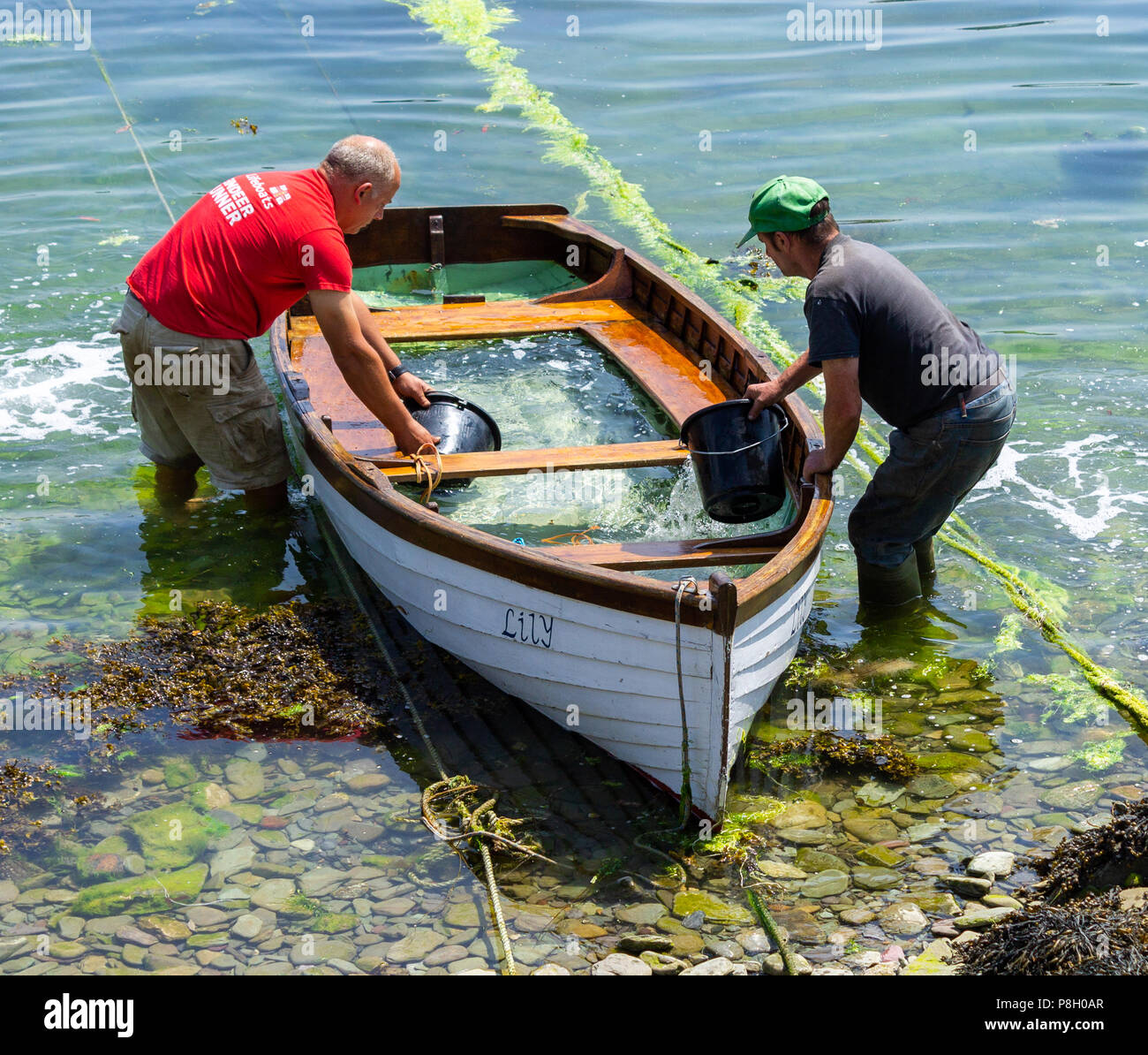 West Cork, Ireland. 11th July, 2018. The constant scorching sun has caused the clinker built wooden planks of the boat to shrink allowing seawater in. Leaving the hull flooded for a few days allows the wood to swell and become water tight, but it still needs bailing out!!  Credit: aphperspective/Alamy Live News Stock Photo