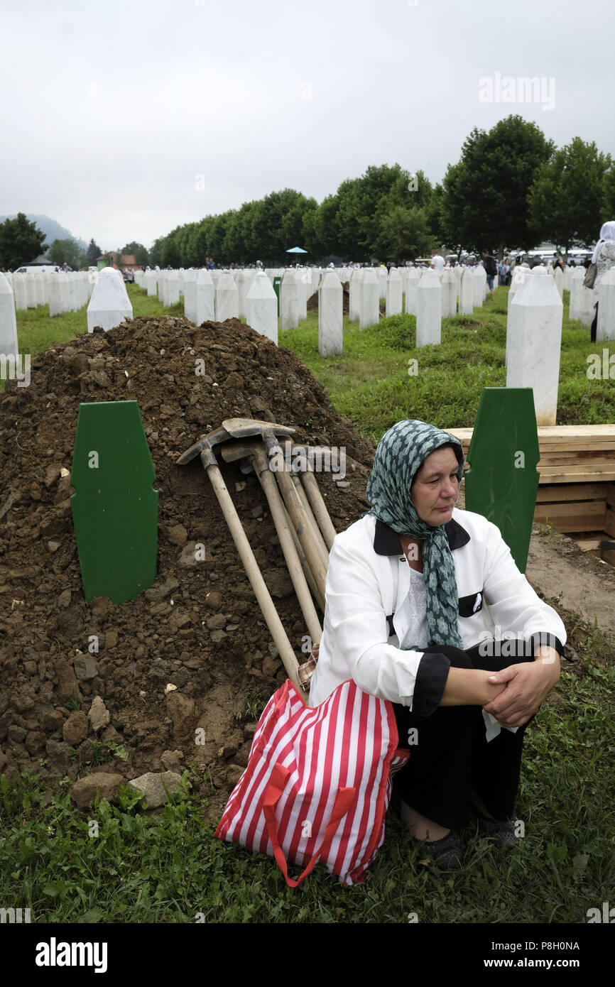 Srebrenica, Srebrenica, Bosnia. 12th Oct, 2017. Europe, Bosnia, Srebrenica, July 11, 2018.Twenty-three years have passed since the Srebrenica Genocide took the lives of more than 7000 victims in Bosnia and Herzegovina between 1992 and 1995. This horrific event is commemorated annually on July 11 because on that day in 1995 Bosnian Serb forces, commanded by convicted war criminal General Ratko Mladic, executed more than 7000 Muslim-Bosniak men, boys and elderly who had sought safety in the region after the fall of Srebrenica. Furthermore, another 25,000 people were forcibly deported in an U Stock Photo