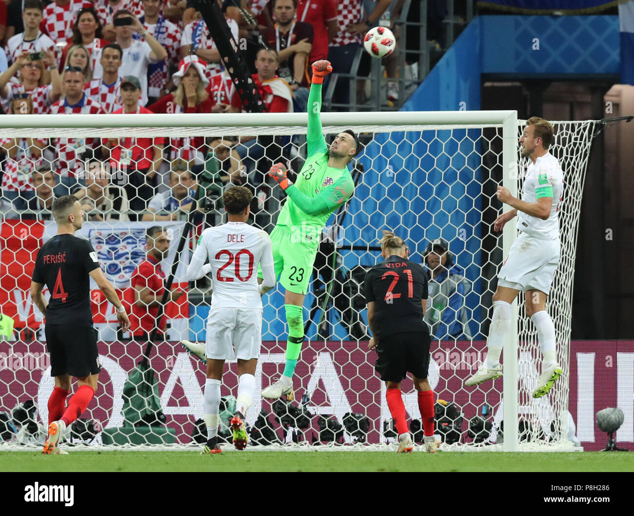 Moscow, Russia. 11th July, 2018. Goalkeeper Danijel Subasic (C) of Croatia defends during the 2018 FIFA World Cup semi-final match between England and Croatia in Moscow, Russia, July 11, 2018. Credit: Yang Lei/Xinhua/Alamy Live News Stock Photo