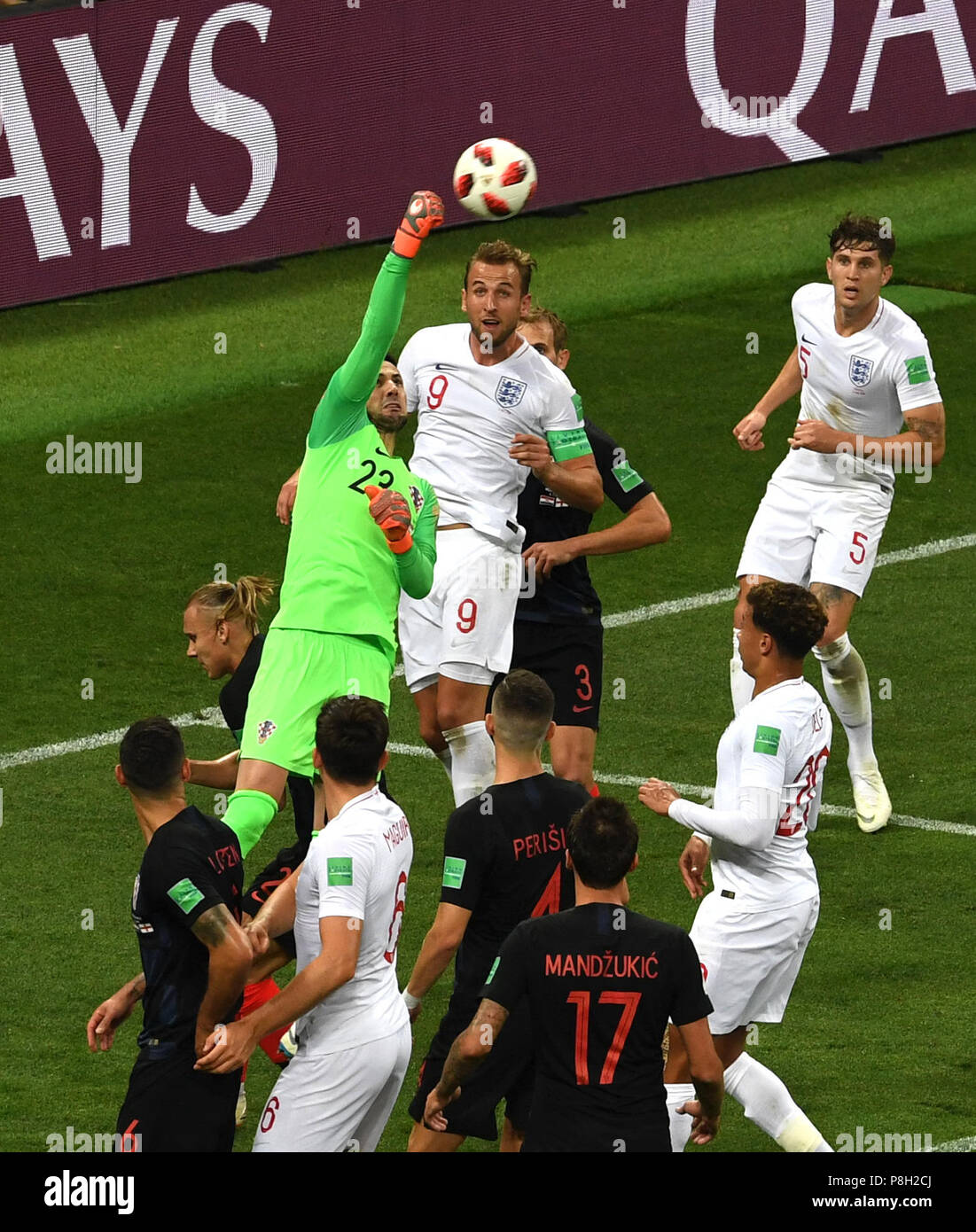 Moscow, Russia. 11th July, 2018. Goalkeeper Danijel Subasic (1st L, top) of Croatia defends during the 2018 FIFA World Cup semi-final match between England and Croatia in Moscow, Russia, July 11, 2018. Credit: Wang Yuguo/Xinhua/Alamy Live News Stock Photo
