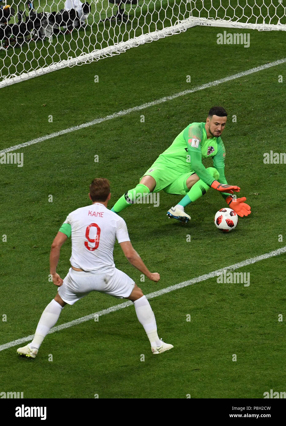 Moscow, Russia. 11th July, 2018. Goalkeepers Danijel Subasic (R) of Croatia defends during the 2018 FIFA World Cup semi-final match between England and Croatia in Moscow, Russia, July 11, 2018. Credit: Wang Yuguo/Xinhua/Alamy Live News Stock Photo