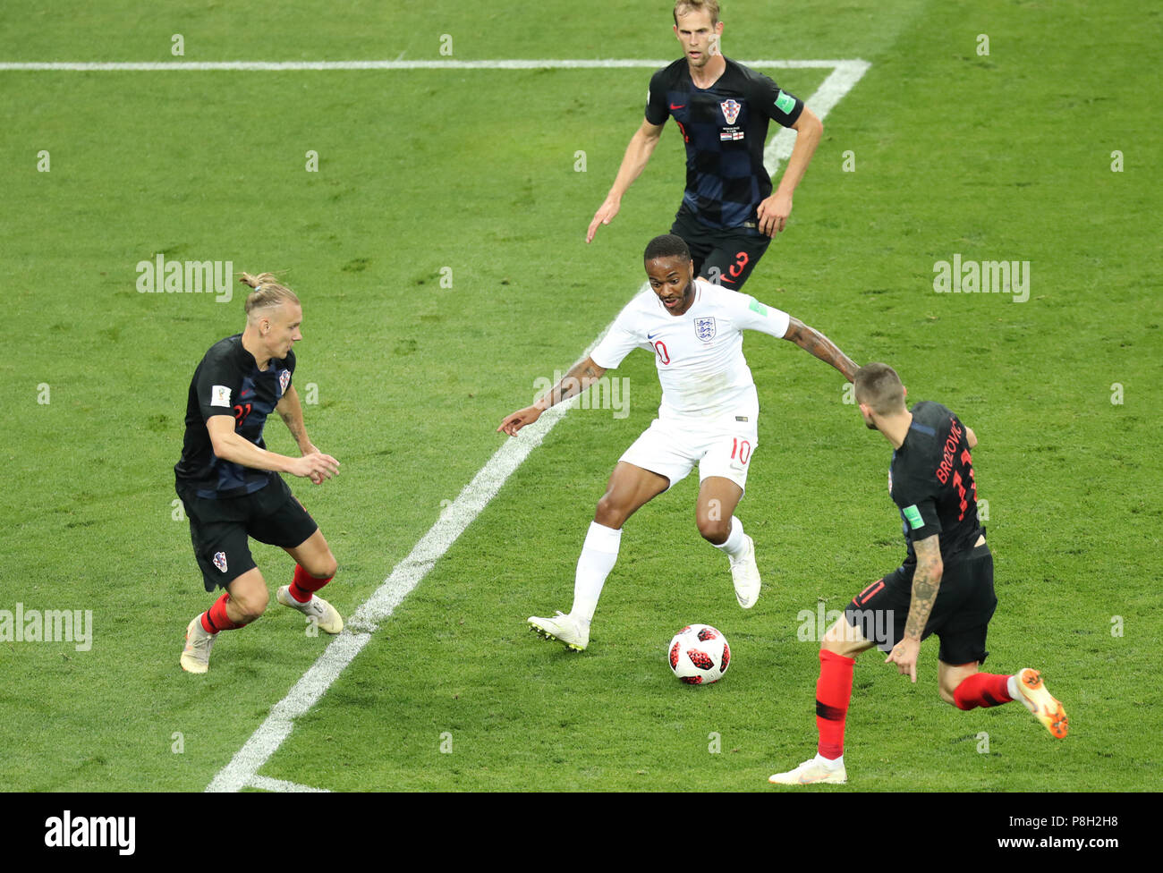 Moscow, Russia. 11th July, 2018. Raheem Sterling (C) of England competes during the 2018 FIFA World Cup semi-final match between England and Croatia in Moscow, Russia, July 11, 2018. Credit: Bai Xueqi/Xinhua/Alamy Live News Stock Photo