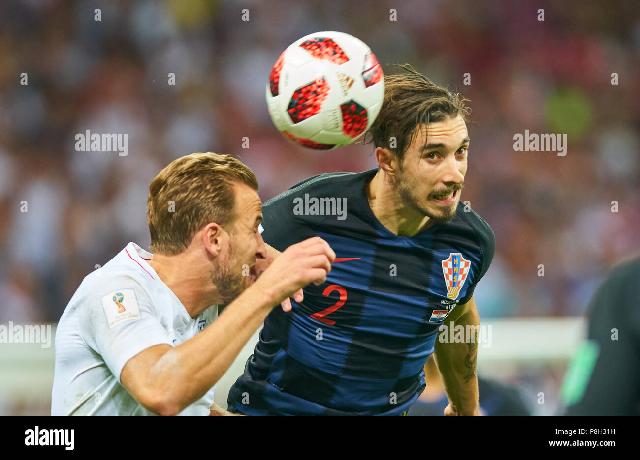 Moscow, Russia. 11th July 2018. England - Croatia, Soccer, Moscow, July 11, 2018 Harry KANE, England 9   compete for the ball, tackling, duel, header against Sime VRSALJKO, Croatia Nr.2  ENGLAND  - CROATIA  FIFA WORLD CUP 2018 RUSSIA, Semifinal, Season 2018/2019,  July 11, 2018 in Moscow, Russia. © Peter Schatz / Alamy Live News Stock Photo