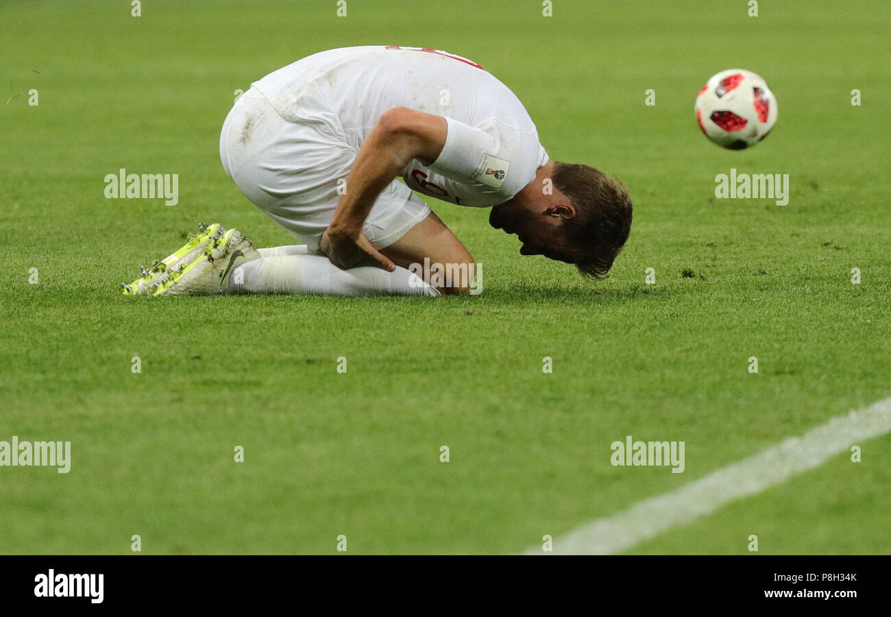 Moscow, Russia. 11th July, 2018. Moscow, Russia. 11th July, 2018. Soccer, FIFA World Cup 2018, final round, semi-finals: Croatia vs England at Luzhniki Stadium: Harry Kane of England lies on the ground with an injury. Credit: Christian Charisius/dpa/Alamy Live News Credit: dpa picture alliance/Alamy Live News Stock Photo
