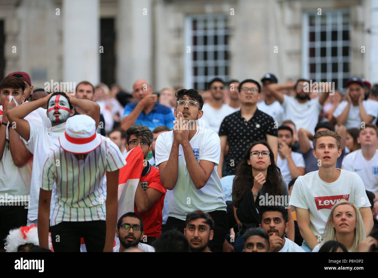 Millennium Square, Leeds, UK. 11th July 2018 , Millennium Square, Leeds, England; Fifa World Cup Semi-Final Croatia v England live big screen viewing in Millennium Square Leeds; fans are at the whits end as England go out of the World Cup Credit: News Images /Alamy Live News Stock Photo