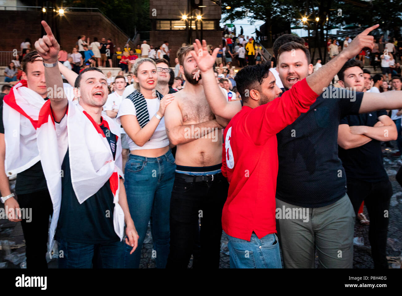 Manchester, UK 11 July 2018. Fans react to FIFA World Cup semi-final match between England and Croatia at the Auto Trader World Cup screening. Credit: Andy Barton/Alamy Live News  Stock Photo