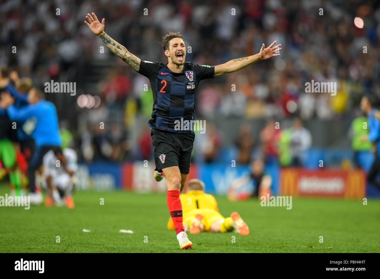 July 10, 2018: Sime Vrsaljko of Croatia celebrating the victory at Luzhniki Stadium during the Semi final between England and Croatia during the 2018 World Cup. Ulrik Pedersen/CSM Stock Photo
