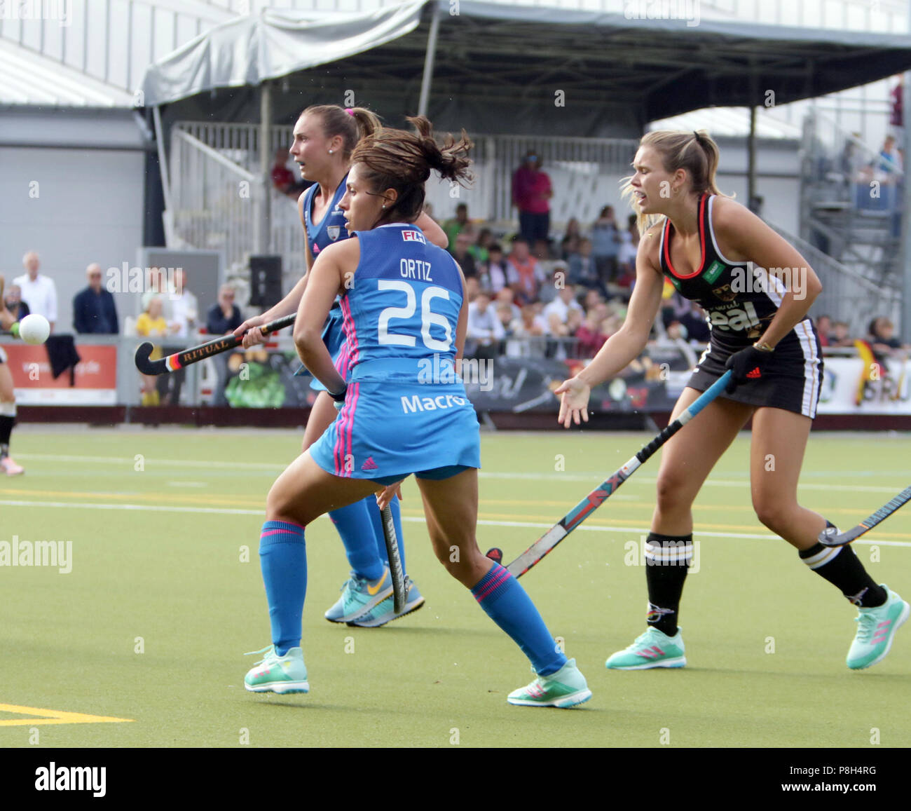 Gruenwald Near Munich, Germany. 11th July, 2018. from left Maria ORTIZ  (Argentina), Anne SCHROEDER (Germany), .womans hockey, real Four Nations  Cup 2018.Germany vs Argentina, leisure park, Gruenwald near Munich, .the  teams of