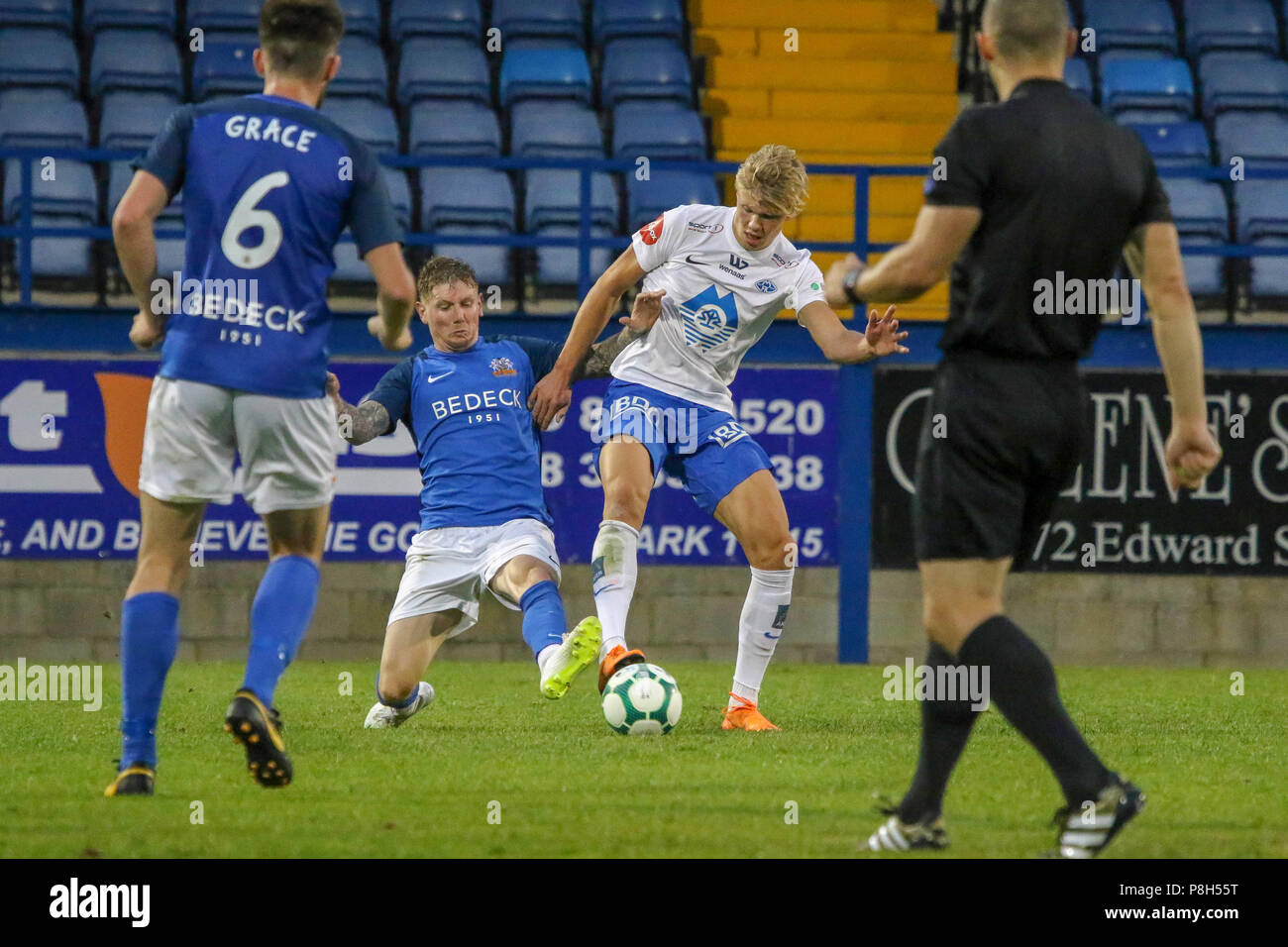 Mourneview Park, Lurgan, Northern Ireland. 11 July 2018. UEFA Europa League (First Qualifying Round), Glenavon v Molde. Molde's Erling Braut Haland (white) in action at Mourneview Park.Credit: David Hunter/Alamy Live News. Stock Photo