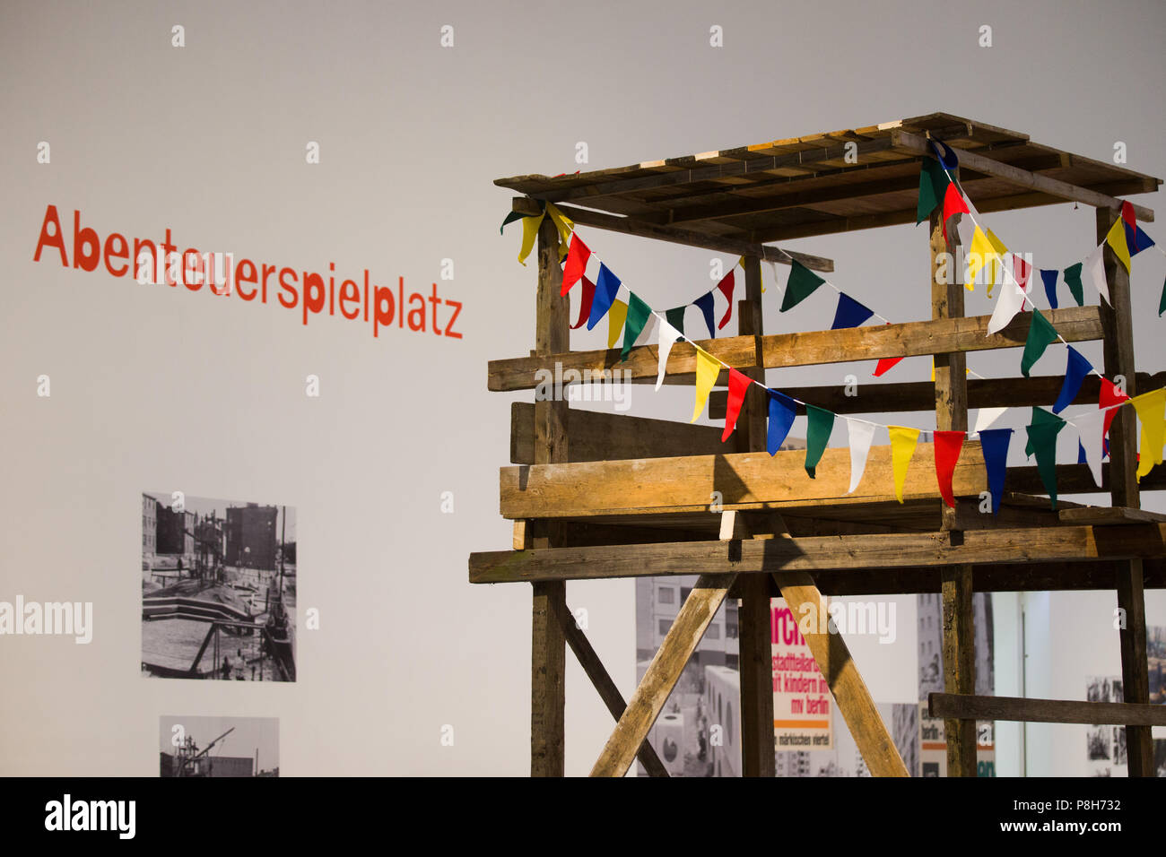 Bonn, Germany. 11th July, 2018. A recreated part of an adventure playground can be seen at the Art and Exhibition Hall of the Federal Republic of Germany. The exhibition 'The Playground Project' is dedicated to the history of the playground and can be visited from 13 July to 28 October 2018. Credit: Rolf Vennenbernd/dpa/Alamy Live News Stock Photo