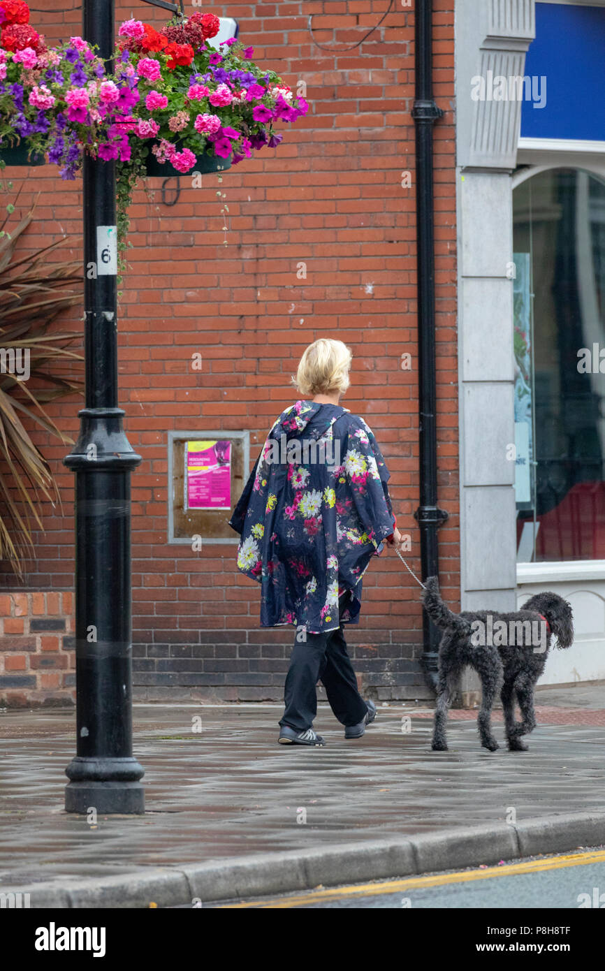 North Wales, 12th July 2018, UK Weather:  An overcast and cooler start to the day for some coupled with the first rain for many weeks with some showers being heavy and thundery, which may cause flooding. A woman walking her dog through the rain with a colourful rain poncho in the market town of Mold, Flintshire, Wales, UK Stock Photo