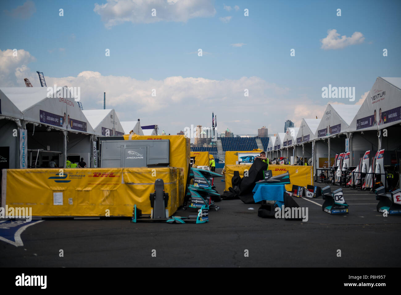 New York, USA. 11th July, 2018. Components from the Panasonic Jaguar Racing team in the pitlane as preparations continue ahead of the 2018 NYC E-Prix. Credit: Lou Johnson / Spacesuit Media. Credit: Spacesuit Media/Alamy Live News Stock Photo