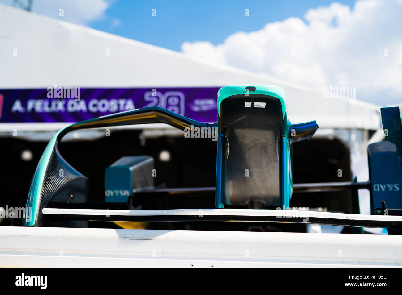 New York, USA. 11th July, 2018. The nose and front wing assembly of an MS&AD Andretti ATEC-03 racing car waits outside the garage of Antonio Felix da Costa as preparations continue ahead of the 2018 NYC E-Prix. Credit: Lou Johnson / Spacesuit Media. Credit: Spacesuit Media/Alamy Live News Stock Photo