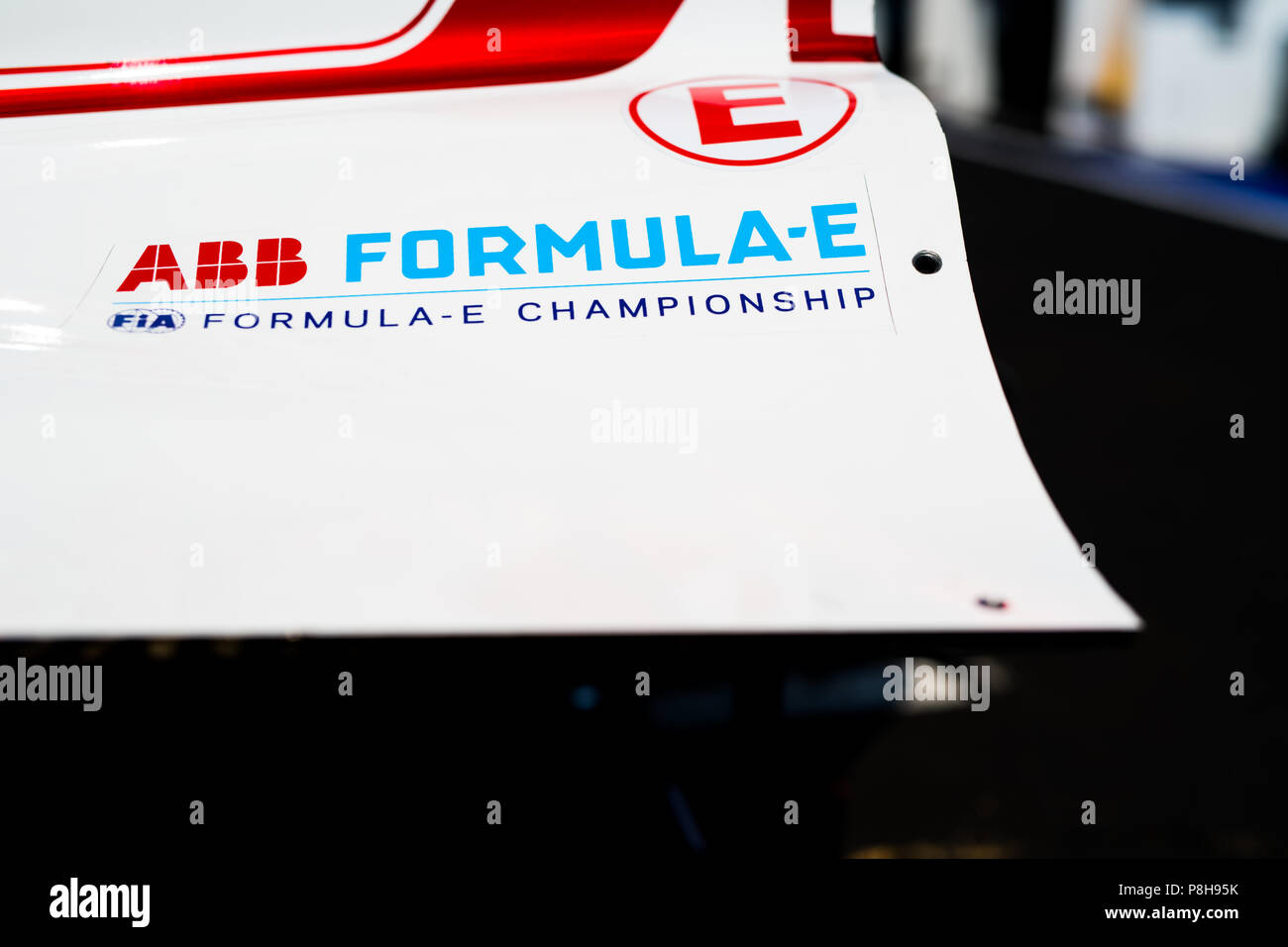 New York, USA. 11th July, 2018. The powertrain cover of a Dragon Racing Formula E car as preparations continue ahead of the 2018 NYC E-Prix. Credit: Lou Johnson / Spacesuit Media. Credit: Spacesuit Media/Alamy Live News Stock Photo