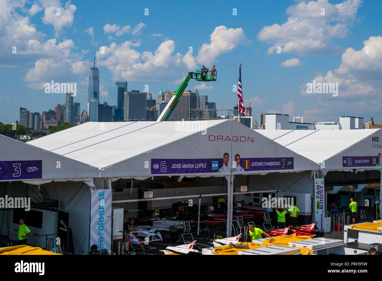 New York, USA. 11th July, 2018. The temporary structure which forms the garage for the Dragon Racing Formula E team at the 2018 NYC E-Prix. Credit: Lou Johnson / Spacesuit Media. Credit: Spacesuit Media/Alamy Live News Stock Photo