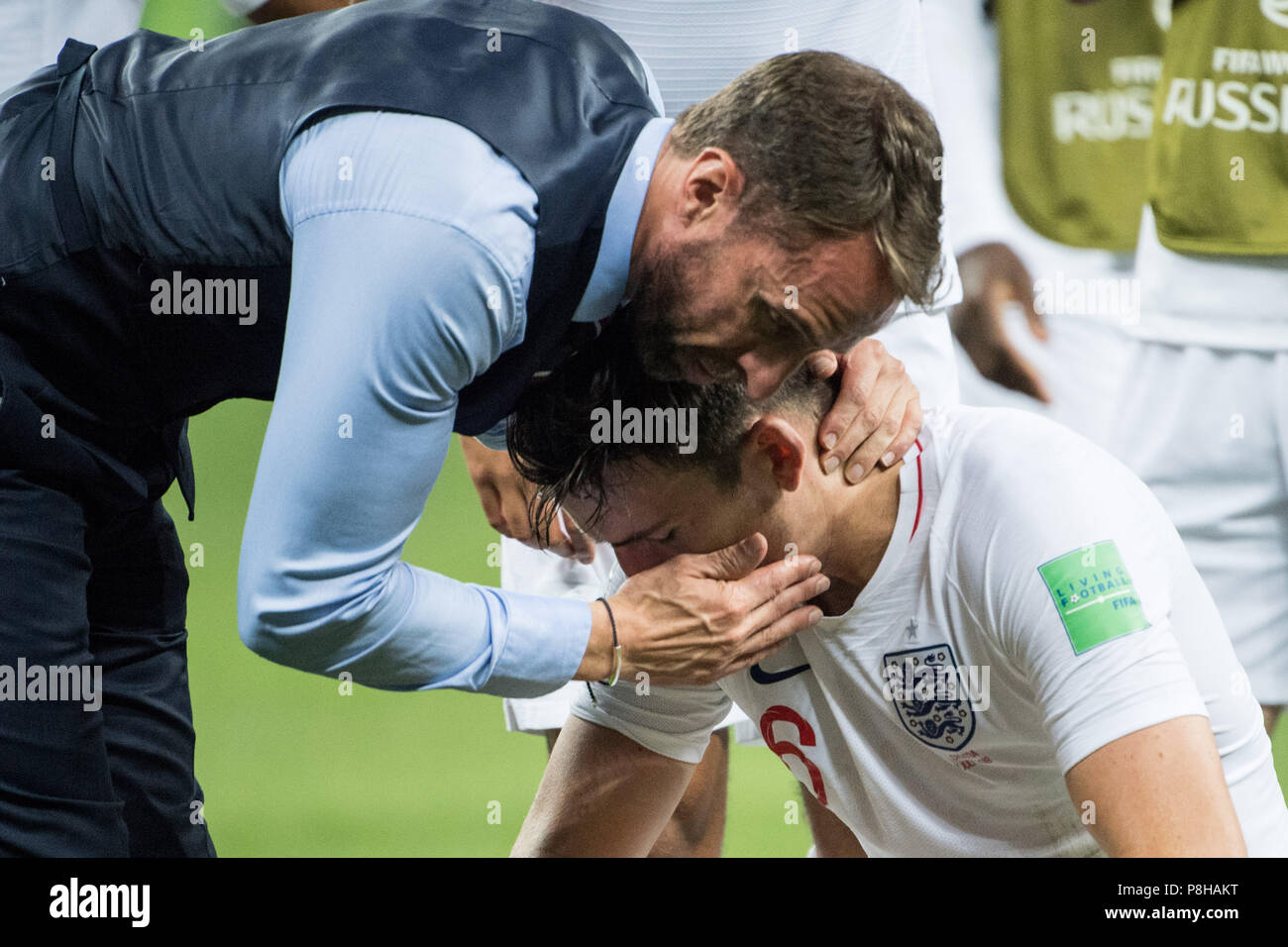 Gareth SOUTHGATE (left, coach, ENG) troubles Harry MAGUIRE (ENG), comfort, comfort, frustrated, frustrated, late, disappointed, disappointed, disappointment, disappointment, sad, half figure, half figure, gesture, gesture, Croatia ( CRO) - England (ENG) 2: 1, semi-finals, match 62, on 11.07.2018 in Moscow; Football World Cup 2018 in Russia from 14.06. - 15.07.2018. | Usage worldwide Stock Photo