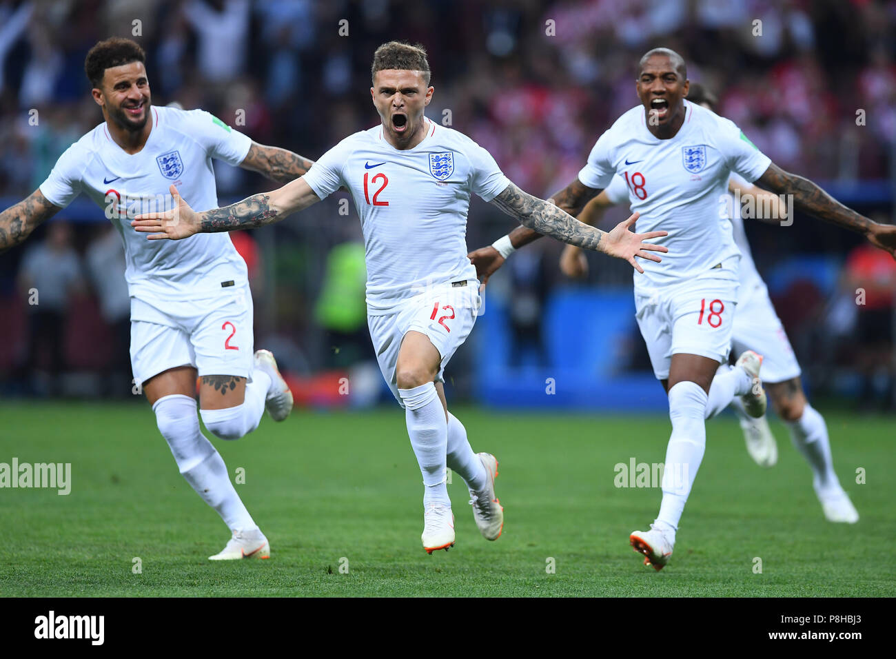 Moscow, Russland. 11th July, 2018. Kyle Walker (England), goalkeeper Kieran Trippier (England), Ashley Young (England) . GES/Football/World Cup 2018 Russia: Semi-finals: Croatia - England, 11.07.2018 GES/Soccer/Football/Worldcup 2018 Russia: semi final: Croatia vs England, Moscow, July 11, 2018 | usage worldwide Credit: dpa/Alamy Live News Stock Photo