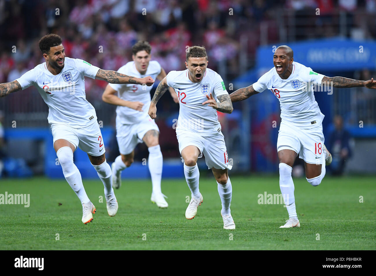 Moscow, Russland. 11th July, 2018. Kyle Walker (England), John Stones (England), goalkeeper Kieran Trippier (England), Ashley Young (England) . GES/Football/World Cup 2018 Russia: Semi-finals: Croatia - England, 11.07.2018 GES/Soccer/Football/Worldcup 2018 Russia: semi final: Croatia vs England, Moscow, July 11, 2018 | usage worldwide Credit: dpa/Alamy Live News Stock Photo