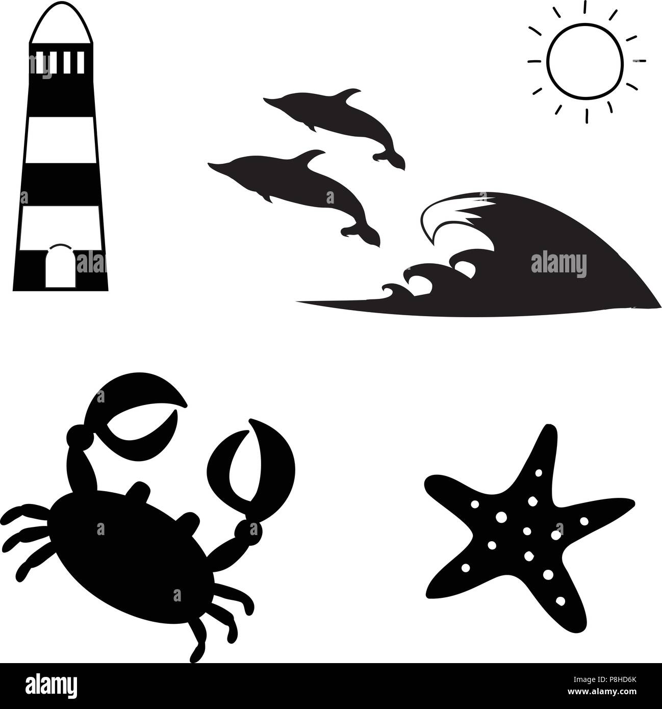 Vector black and white silhouette illustration of summer travel sea icon set isolated on white background. Lighthouse, dolphins, sun, crab, starfish.  Stock Vector