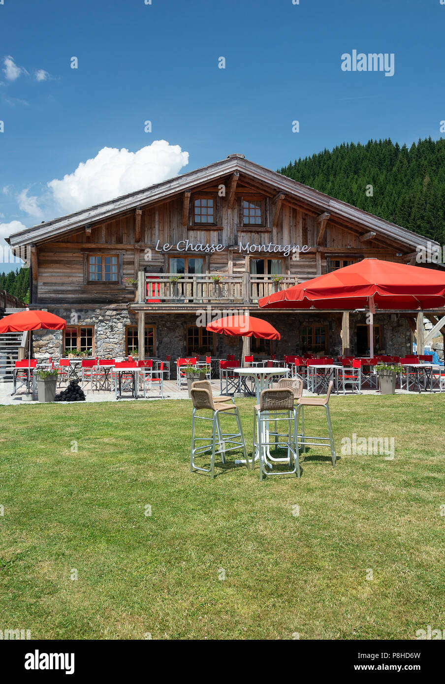 The Beautiful Bar and Restaurant of Le Chasse-Montagne with Garden and Alfresco Dining in Les Gets Haute-Savoie Portes du Soleil France Stock Photo
