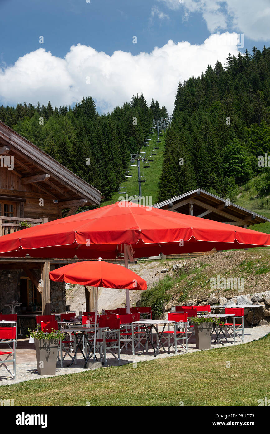 The Beautiful Bar and Restaurant of Le Chasse-Montagne with Garden and Alfresco Dining in Les Gets Haute-Savoie Portes du Soleil France Stock Photo