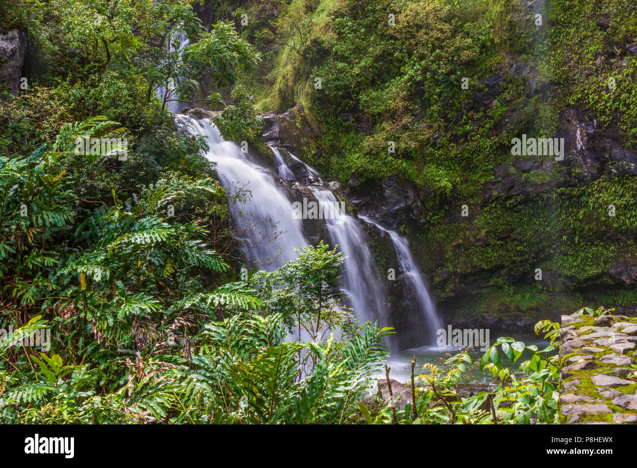 Waikani Falls or Three Bears Falls, one of the many waterfalls along