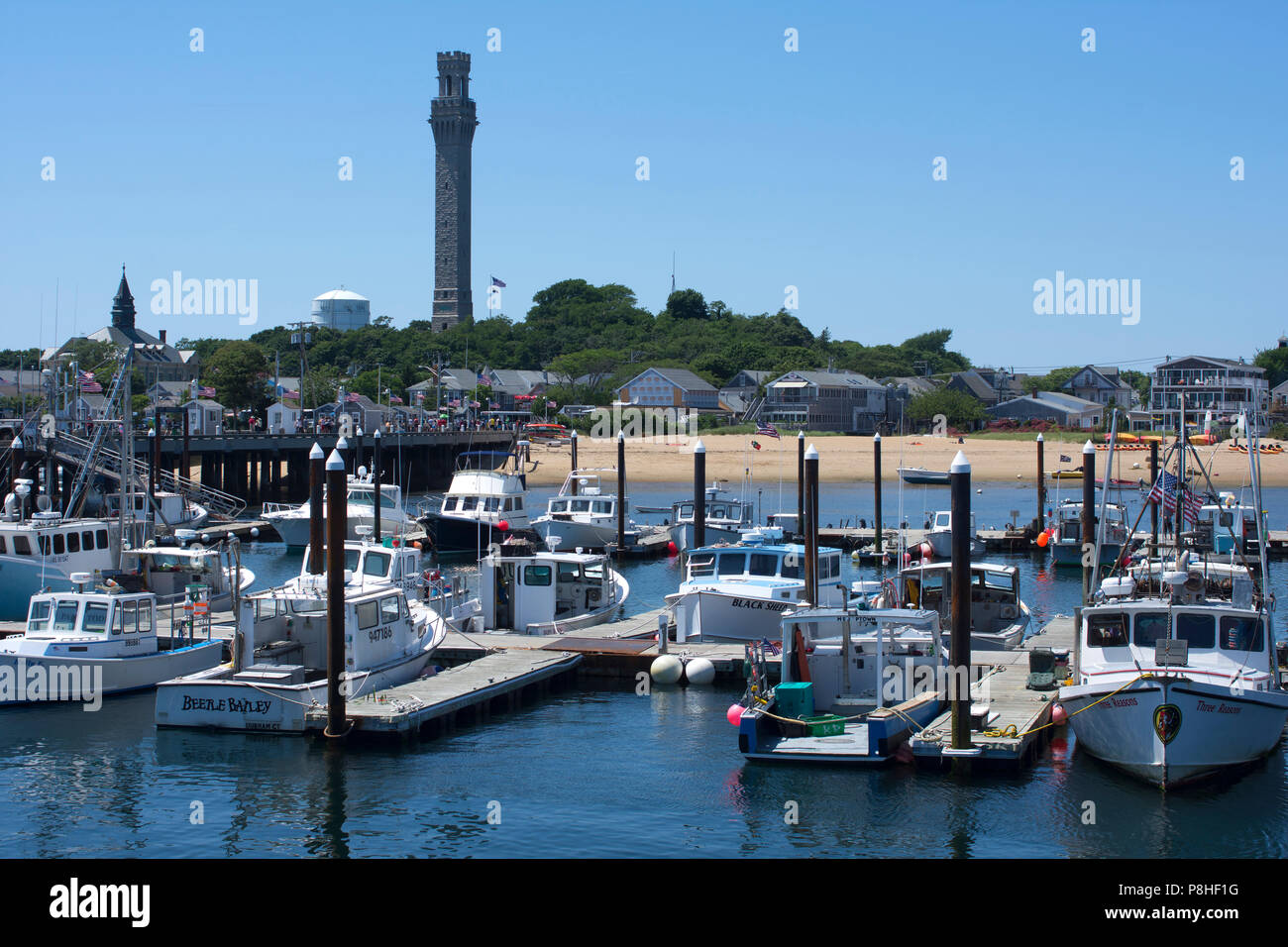 The Provincetown Monument over the waterfront of Provincetown, Massachusetts, on Cape Cod, USA Stock Photo