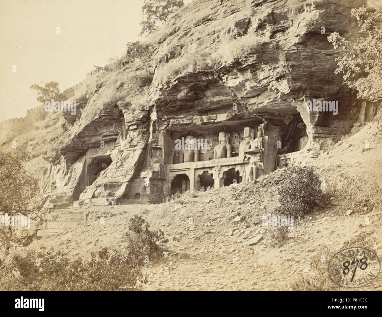 7th to 15th century Jain tirthankaras in Gwalior fort Siddhachal caves Gopachal 1869 photo. Stock Photo