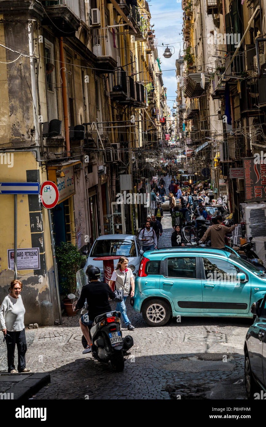 Spanish Quarter, narrow busy street, Naples, Italy Stock Photo - Alamy