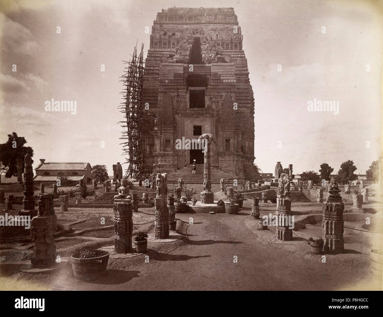 8th or 9th century ruined Teli ka Mandir under restoration with temporary ruins garden in front, Gwalior fort, Madhya Pradesh, 1882 photo. Stock Photo