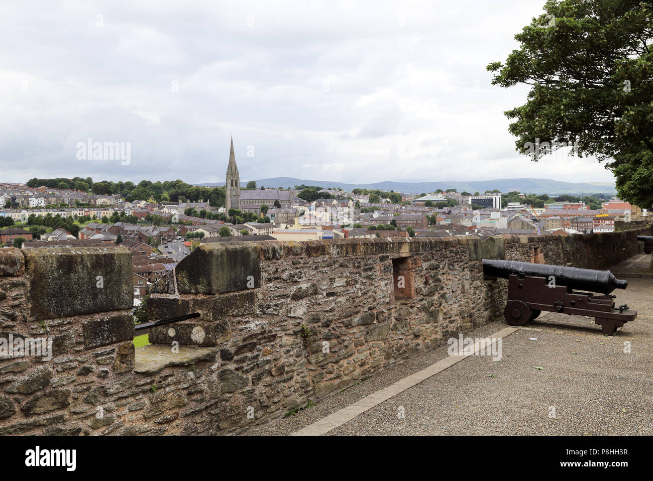 The Derry Walls overlooking the Bogside area of the city. Stock Photo