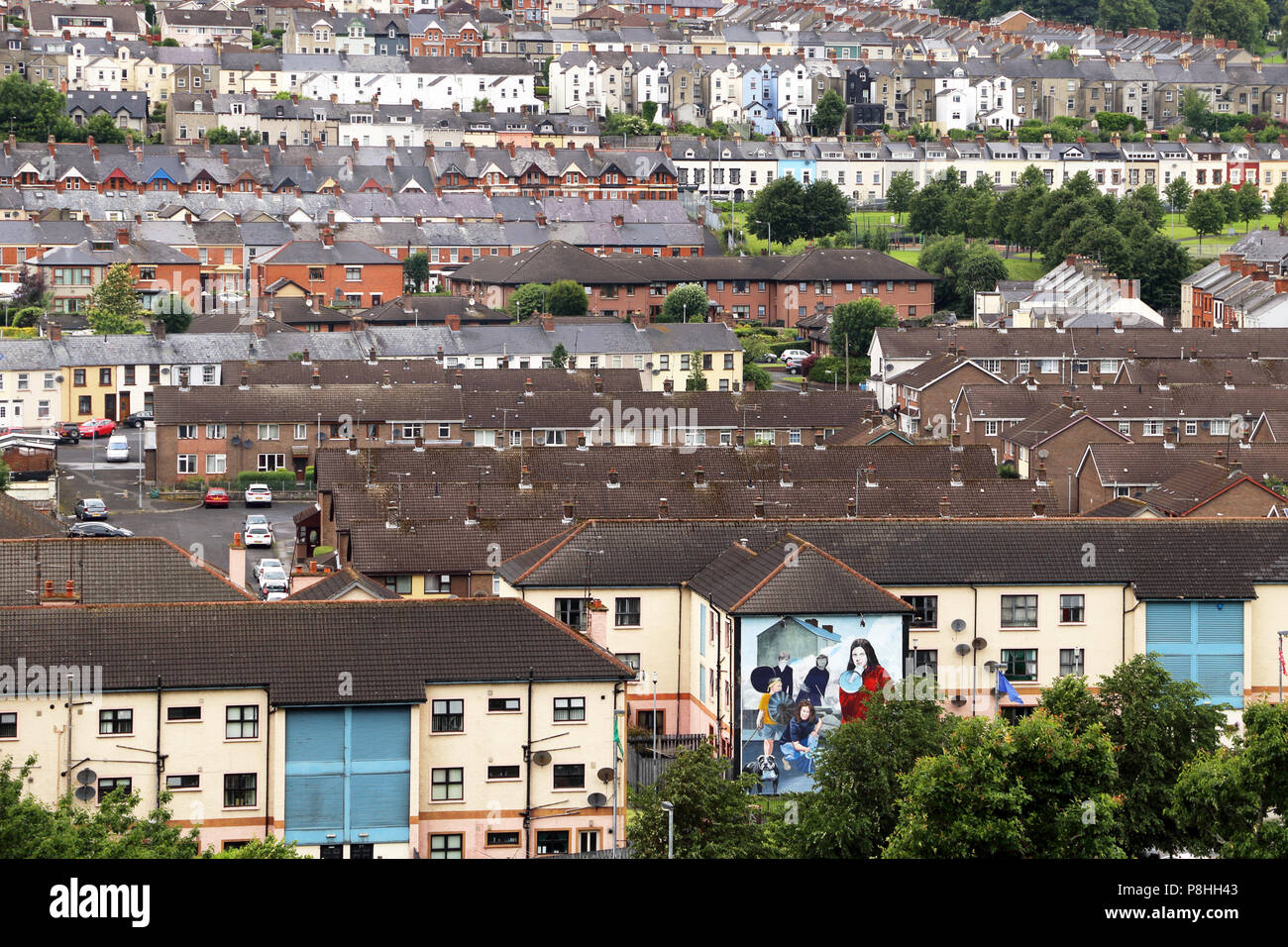 The Derry Walls overlooking the Bogside area of the city. Stock Photo