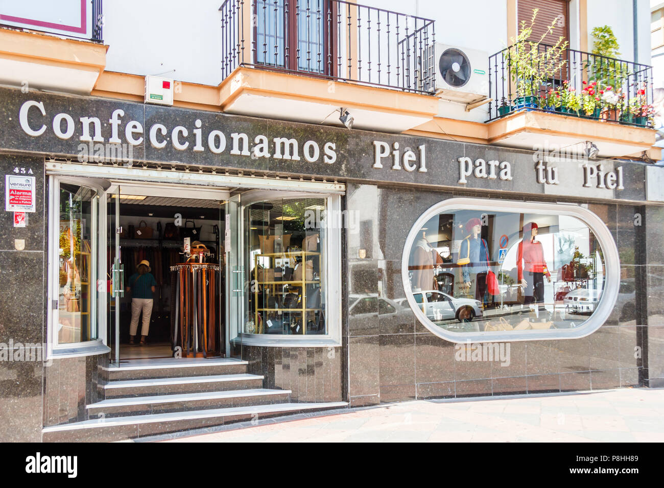 Ubreke, Spain - 22nd June 2018: A leather shop on the main street. the town has a thriving leather industry Stock Photo