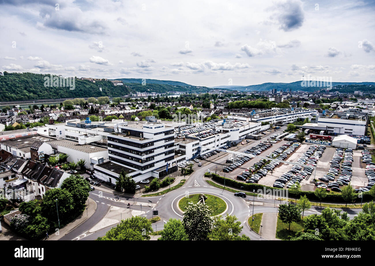 Koblenz, Germany 09.07.2017: Aerial view of the Stabilus headquarter and factory in Koblenz. You can also see factory buildings Stock Photo