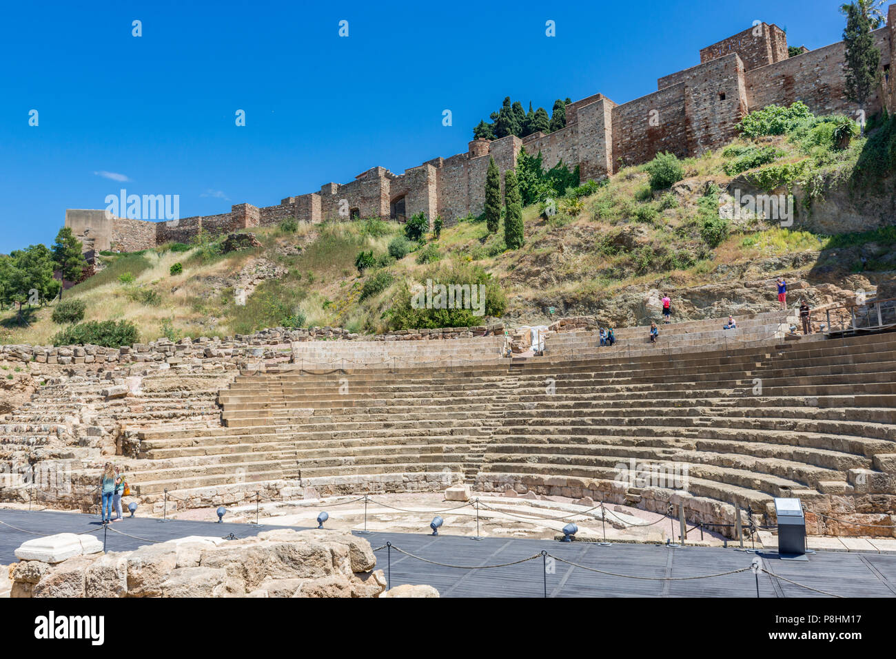 Tourists visiting the Roman theater Alcazaba de M??laga, Andalusia