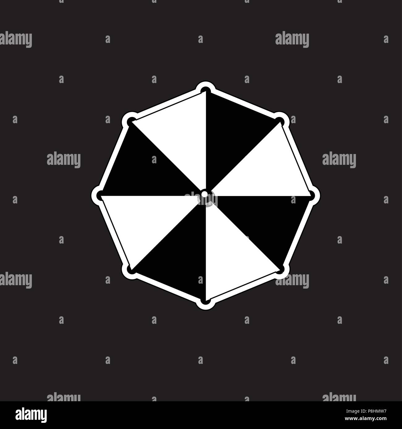 Vector black and white silhouette illustration of beach striped umbrella top view icon isolated on black background. Stock Vector