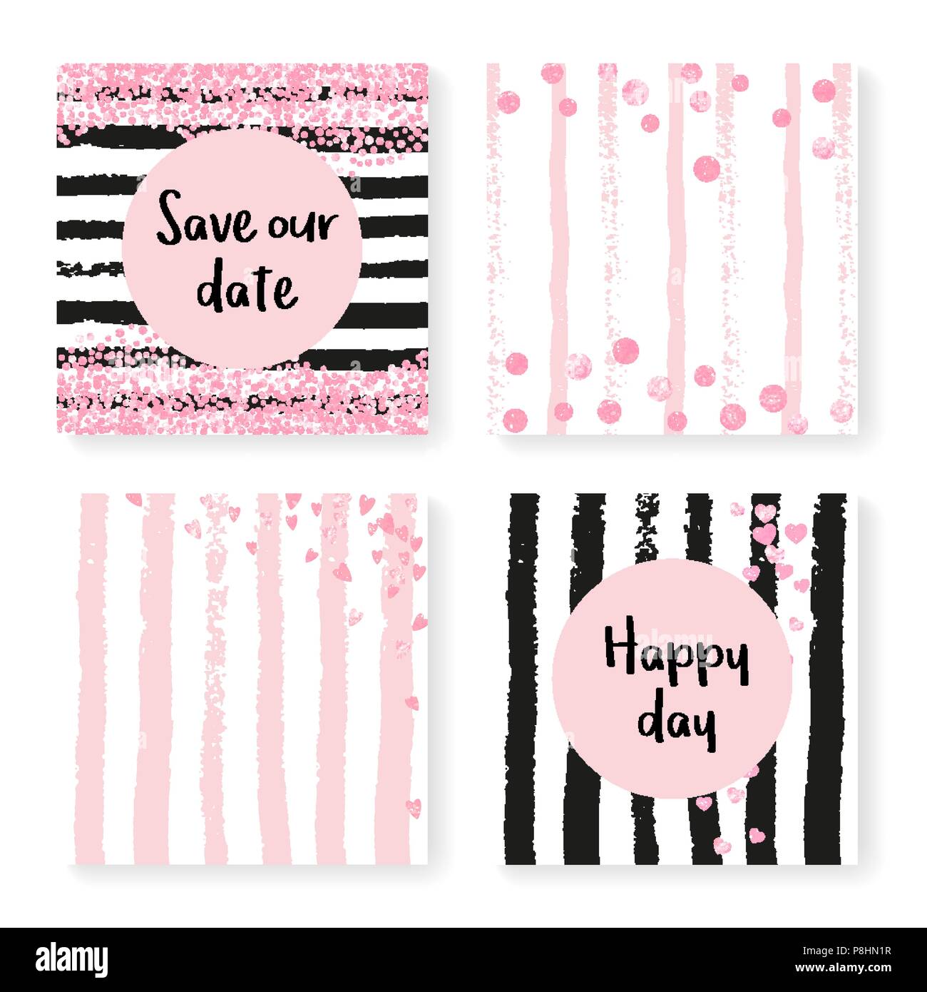 Wedding glitter confetti on stripes, invitation set Stock Vector