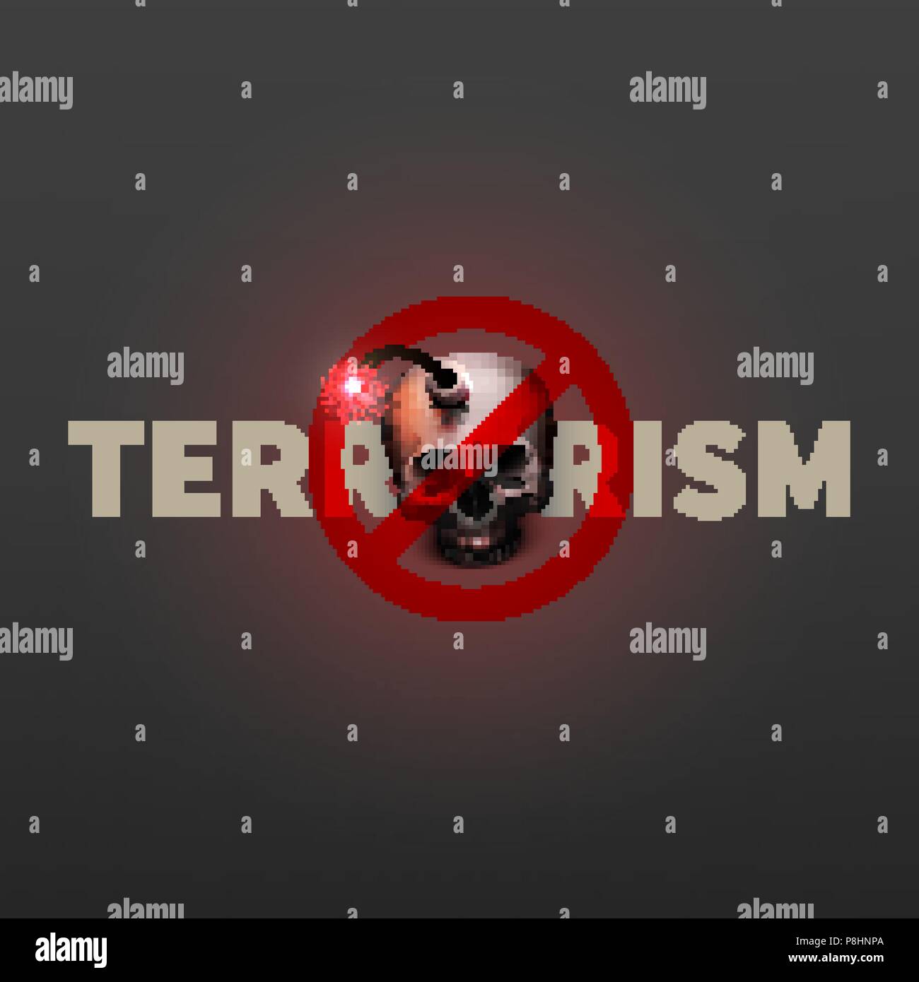 Stock vector illustration stop terrorism poster. Realistic bomb human skull. A suicide bomber. EPS10 Stock Vector