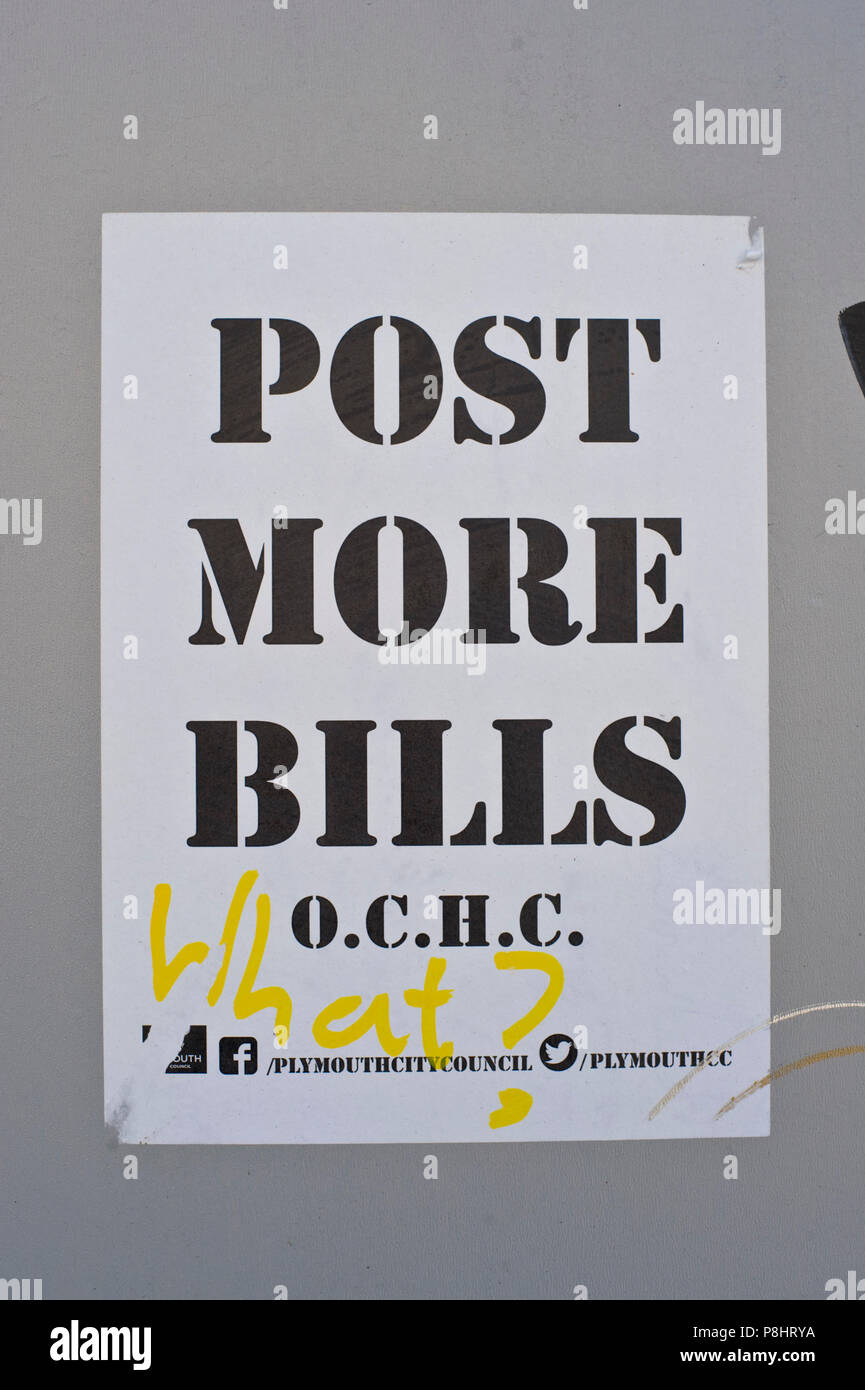 Post More Bills poster on hoarding around building site in city centre Plymouth Devon England UK Stock Photo