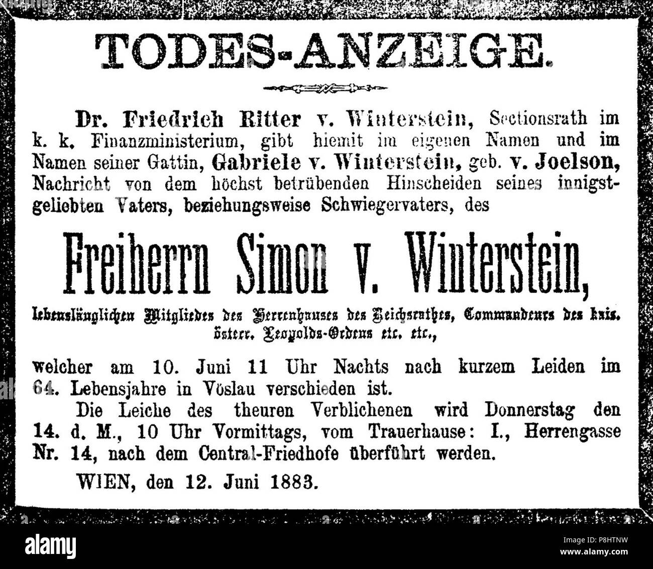 .   522 Simon von Winterstein death notice, Vienna, 1883 Stock Photo