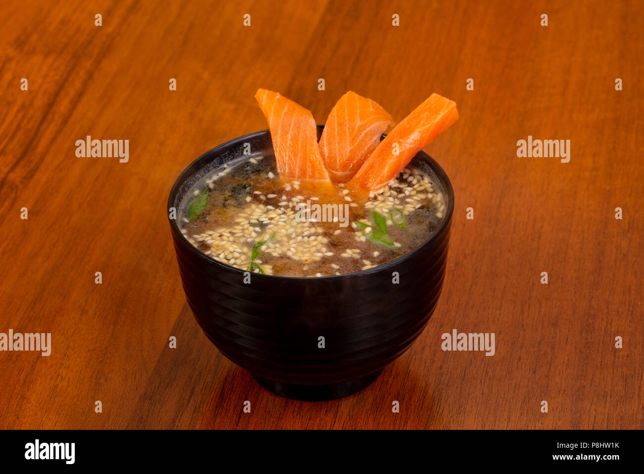 Japanese Miso soup with Salmon and sesam seeds Stock Photo