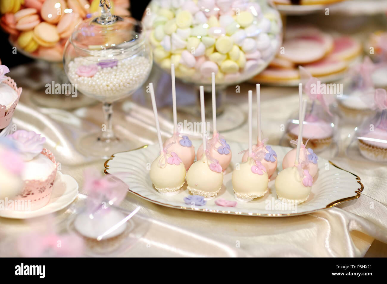 Delicious Wedding Cake Pops In Pink And Purple Stock Photo
