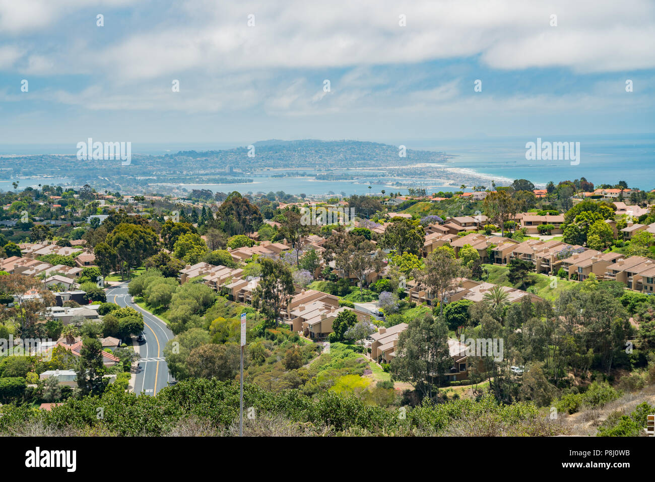 Aerial view of the beautiful landscape and cityscape around La Jolla area from Mt. Soledad