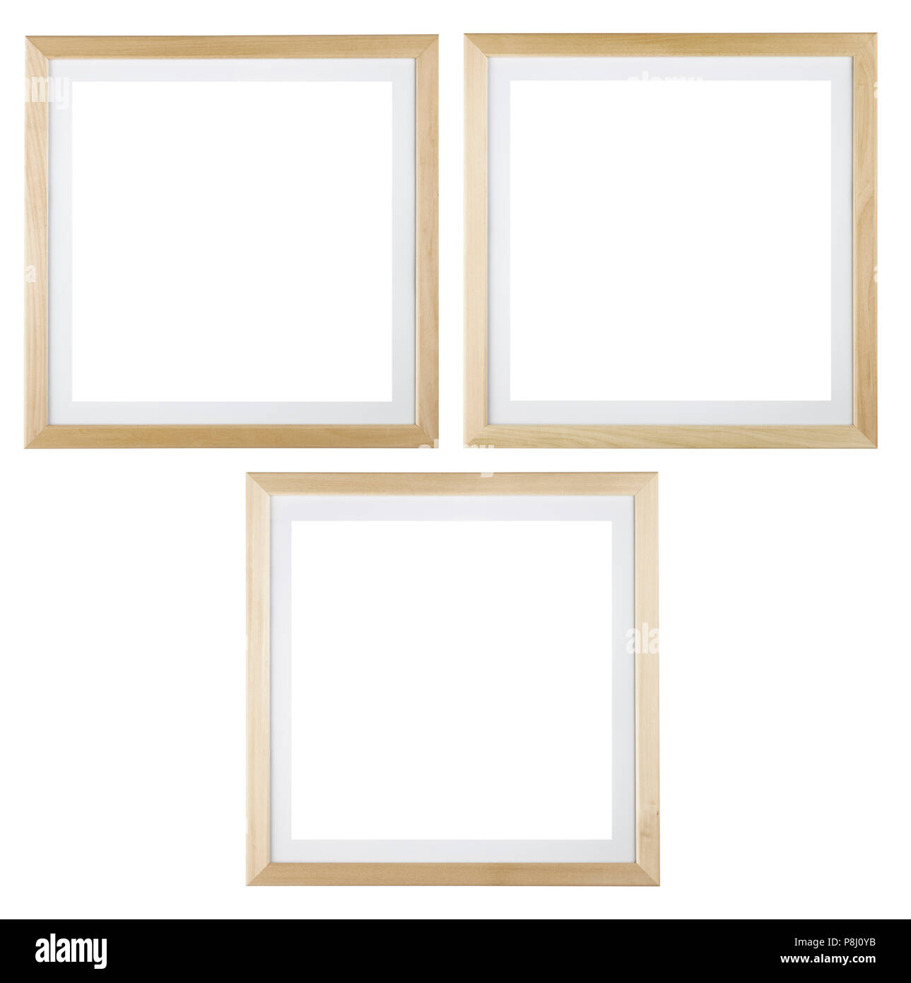 Wooden square picture frames isolated on white background. Include clipping path. Stock Photo