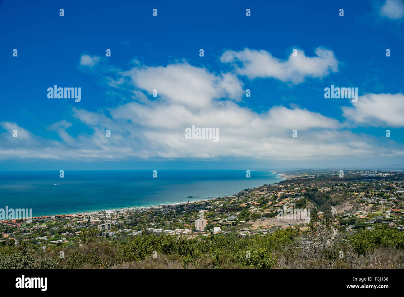 Aerial view of the beautiful landscape and cityscape around La Jolla area from Mt. Soledad